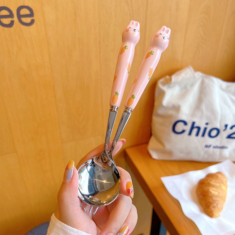 Bộ 3 Món Thìa Đũa Nĩa Inox Hình Thỏ Cà Rốt Cute - Bộ Đồ Ăn Cá Nhân Rabbit Dễ Thương Kèm Hộp Văn Phòng Cho Bé