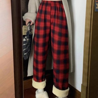 Quần Dài Lưng Cao Ống Rộng Lót Lông Cừu Dày Họa Tiết Kẻ Sọc Thời Trang Mùa Đông Cho Nữ