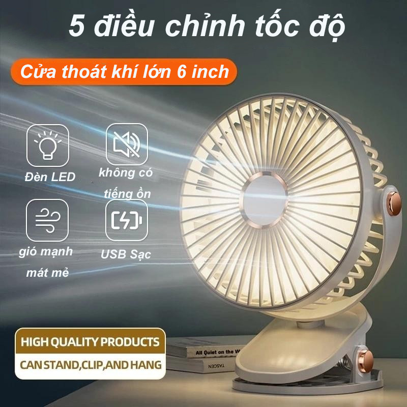 Quạt mini sạc điện 12000 MAH quạt kẹp,Quạt máy tính để bàn, Điều chỉnh tốc độ 5 tốc độ xoay 720°,Sạc Type C + Có đèn