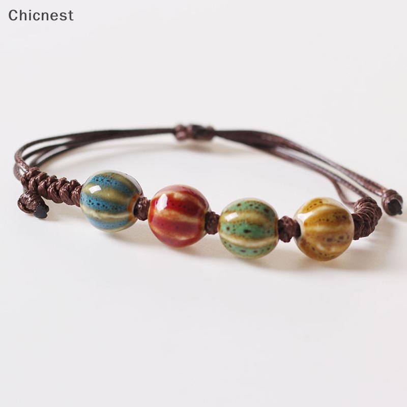 [Chc] Vòng tay thời trang đính cườm gốm thời trang phong cách dân tộc thông thường dành cho nữ Vòng tay có thể điều chỉnh Hạt gốm thủ công Vòng tay dây sáp [VN]