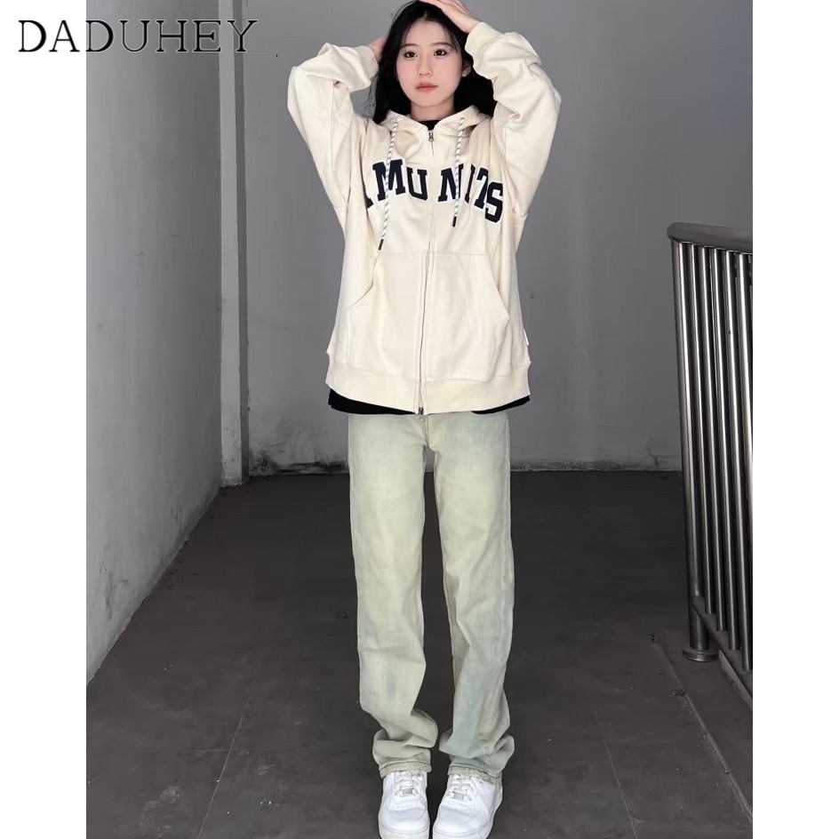 Ảnh DaDuHey New American Style Ins High Street Retro Yellow Mud Jeans Niche High Waisted Straight Leg Pants 3