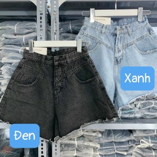 Quần đùi jean bigsize nữ lưng cao tua lai rách đen xanh, Quần bò nữ một khuy ống rộng mặc thoải mái J5