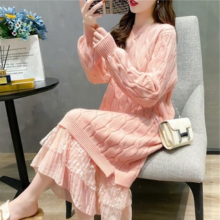 Đầm Dệt Kim Phối Ren Màu Trơn Dáng Dài Qua Gối Phong Cách Hàn Quốc Thời Trang Thu Đông Cho Nữ