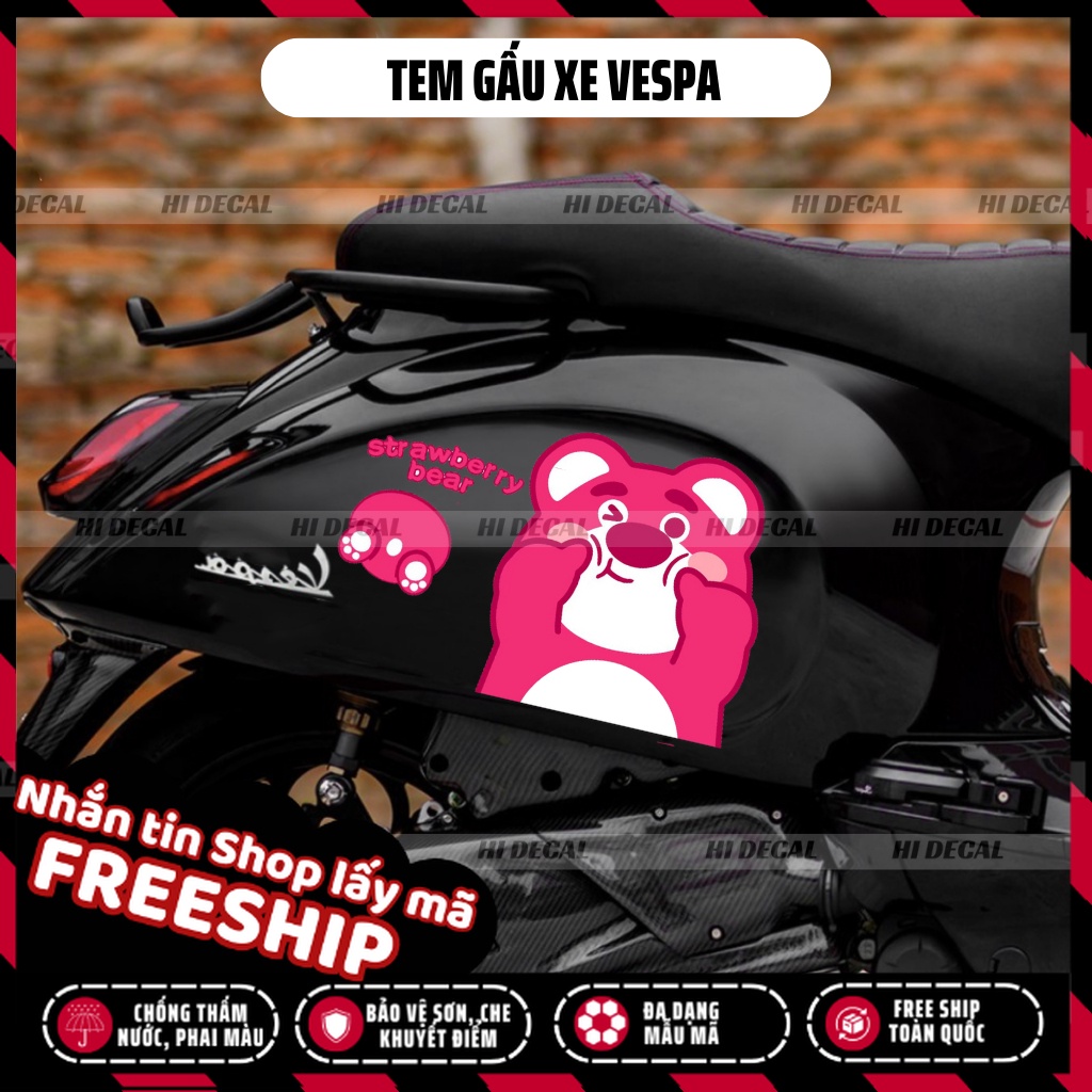 Tem Gấu Dâu Losto Xe Vespa, Lead, Xe điện| TMN-H005 | Decal xe vespa tem gấu cao cấp chống nước, chống phai màu