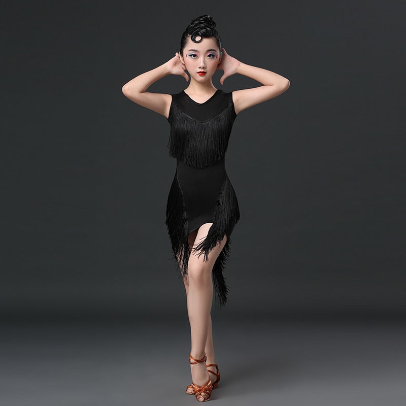 💕Chỗ💕 Trẻ Em Quần Áo Khiêu Vũ Latin Đen Không Tay Tua Cho Bé Gái 3 Đến 15 Tuổi Váy Khiêu Vũ Latin Xinh Xắn Trang Phục Biểu Diễn