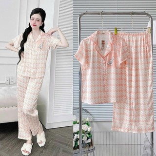 Đồ Bộ Pijama, TAY NGẮN CARO, Túi Áo In 3D Hoạt Hình. Quần Dài Có Túi. Vải Lụa Latin Cao Cấp.