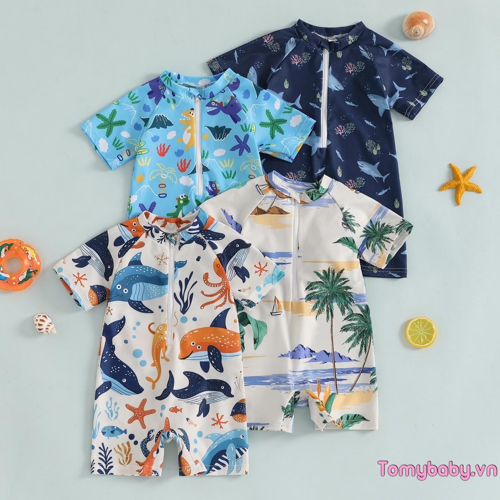Đồ bơi tập đi In hình cá mập ngắn tay Mock cổ Zip Up Rash Guard Bộ đồ tắm cho bé trai bé gái
