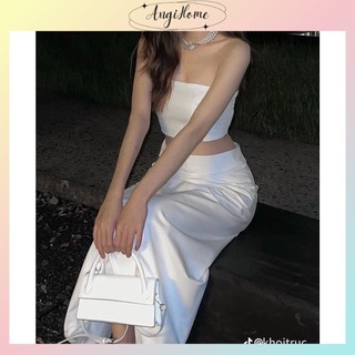 SET ÁO CROPTOP ỐNG CÚP NGỰC + CHÂN VÁY MIDI TRƠN TRẮNG ANGI HOME
