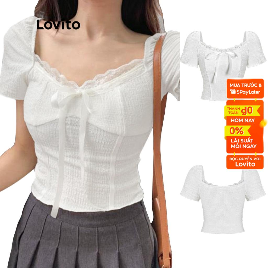 Áo tay phồng nơ trước phối ren Lovito xinh xắn cho nữ L54ED035 màu trắng