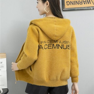 Áo Khoác cardigan Dệt Kim Giả Lông Chồn Dày Dặn Dáng Rộng Ngắn Có Mũ Trùm Thời Trang Thu Đông Cho Nữ