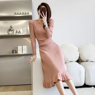 Xiaoxiang Đầm Dệt Kim Dài Qua Gối Tay Dài Xếp Nếp Thời Trang Thu Đông Tinh Tế sw