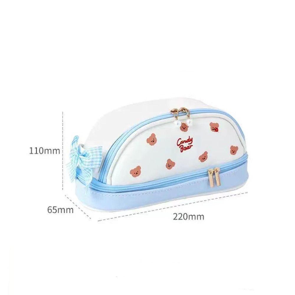 Bút chì HIGHVIEWLS, Túi bút chì dễ thương Smile Cherry Strawberry, Văn phòng phẩm di động Gấu da PU hai lớp Túi đựng bút cô gái