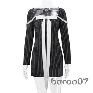 Đầm dài tay nữ sọc in nơ dự tiệc Váy Mini cho câu lạc bộ Cocktail đi biển Dạo phố