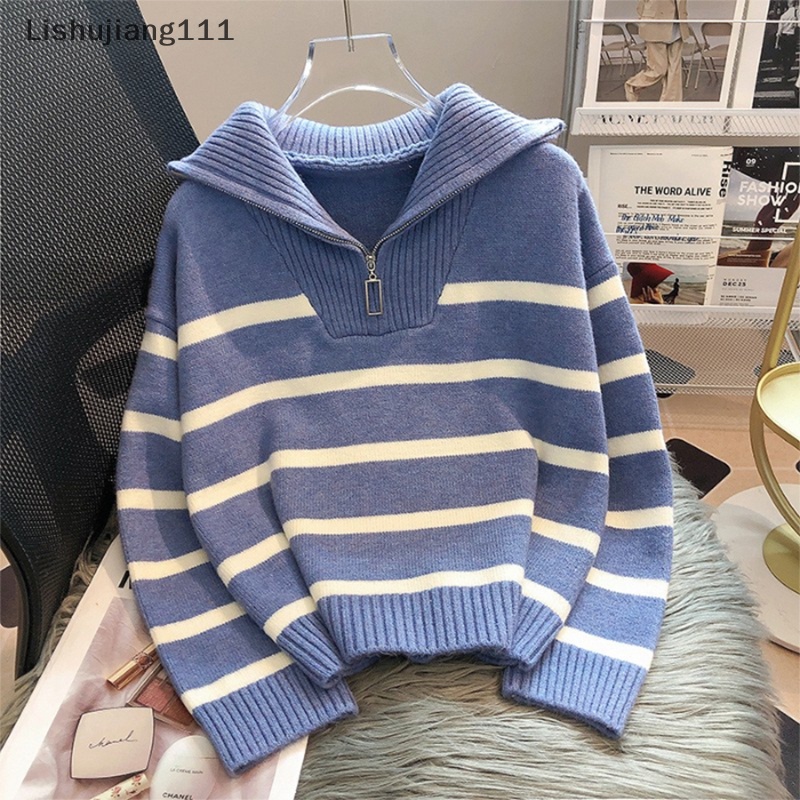 Áo Sweater Dệt Kim Tay Dài Dáng Rộng Kẻ Sọc Phối Khóa Kéo Thời Trang Thu Đông Cho Nữ