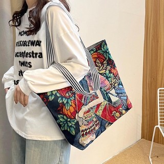 ESSENCEH Tranh Túi Đeo Vai, Túi Xách Canvas Hình Vuông Retro, Túi Tote
