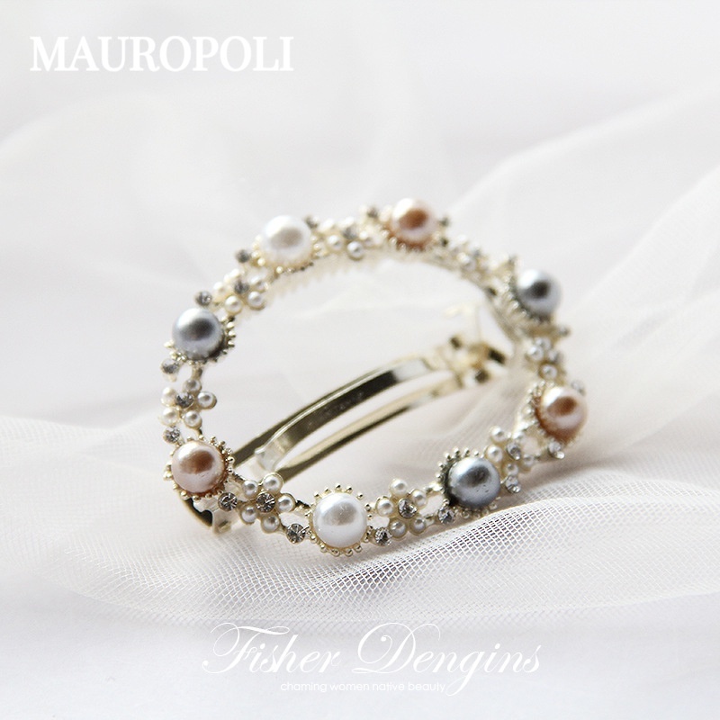 Mauropoli Kẹp Tóc Sang Trọng Retro Hàn Quốc Hợp Kim Rỗng Kim Cương Giả Ngọc Trai Hình Bầu Dục Top Lò Xo Sau Mũ Đội Đầu