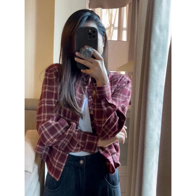 Suxi Phong Cách Hàn Quốc Retro Kẻ Sọc Cổ Áo Sơ Mi Dài Tay Nữ Áo Sơ Mi Ngắn