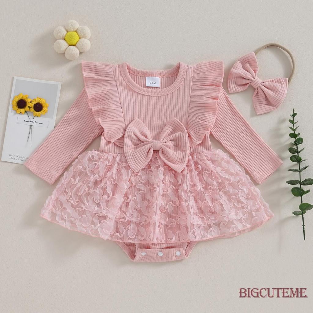 Bộ Áo Liền Quần Tay Dài Đính Nơ + Băng Đô Dành Cho Bé Gái 0-18 Tháng Tuổi