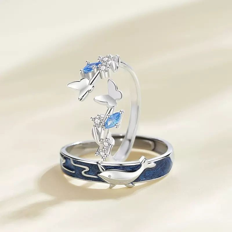 Nhẫn Đôi Mạ Bạc 925 Hình Cá Voi / Bướm Độc Đáo Thời Trang Có Thể Điều Chỉnh Cho Cặp Đôi