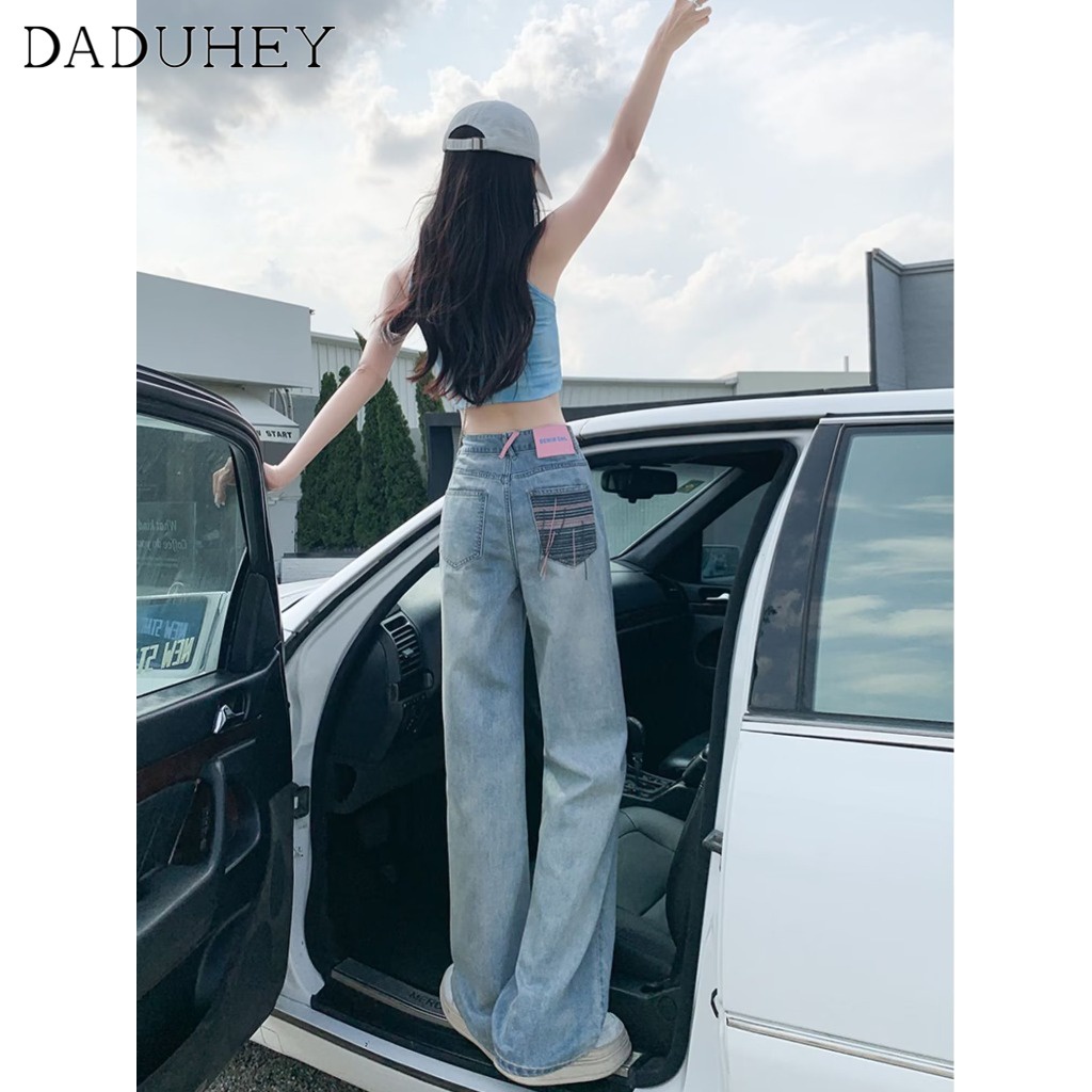 Ảnh Quần jean rách DADUHEY dáng dài size lớn ống rộng thoải mái cạp cao màu nhạt thời trang kiểu Mỹ cho nữ 3