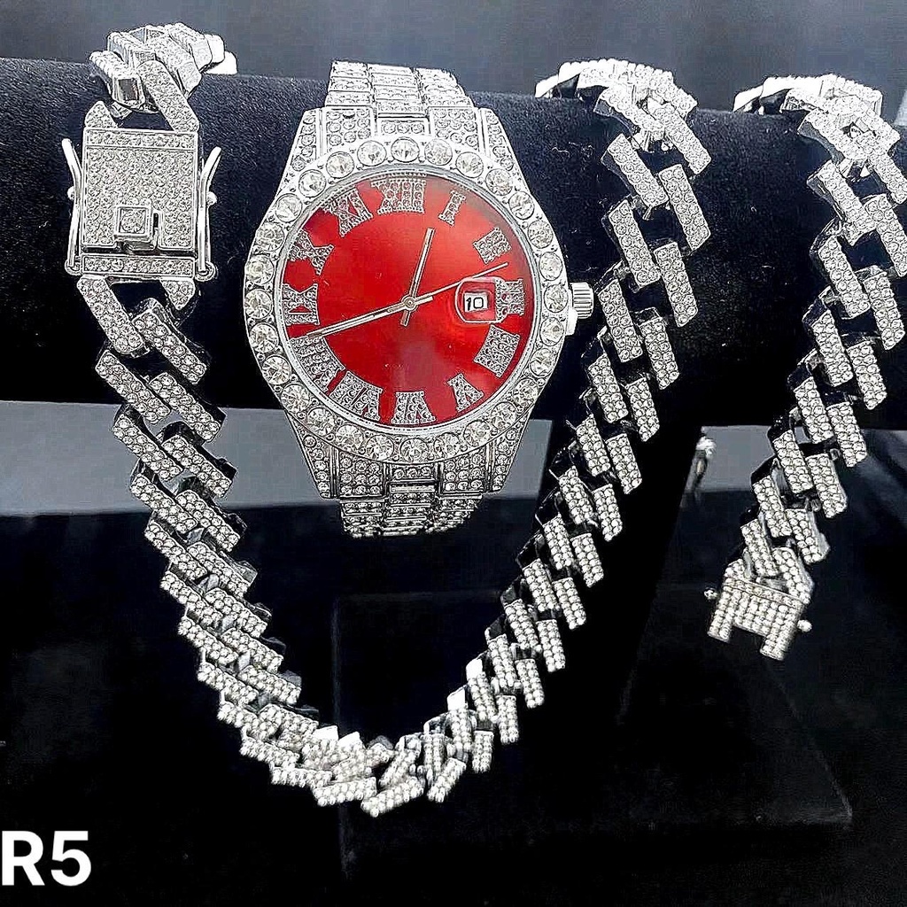 (COMBO 5 MÓN) Đồng hồ, dây chuyền, lắc tay và 2 nhẫn đính đá zircon bản V3 2024