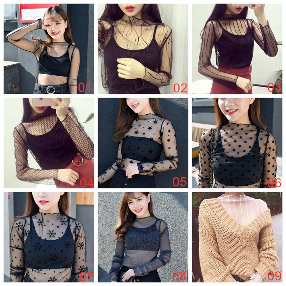 Áo ren WEETW, Áo lưới dài tay xuyên thấu, Lưới thời trang Fishnet Hoa cổ cao trong suốt Áo thun nữ bé gái