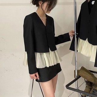 Áo Khoác Giả Hai Mảnh Dáng Rộng Cổ Chữ V Màu Sắc Tương Phản Phong Cách Pháp Thời Trang Xuân Thu Cao Cấp