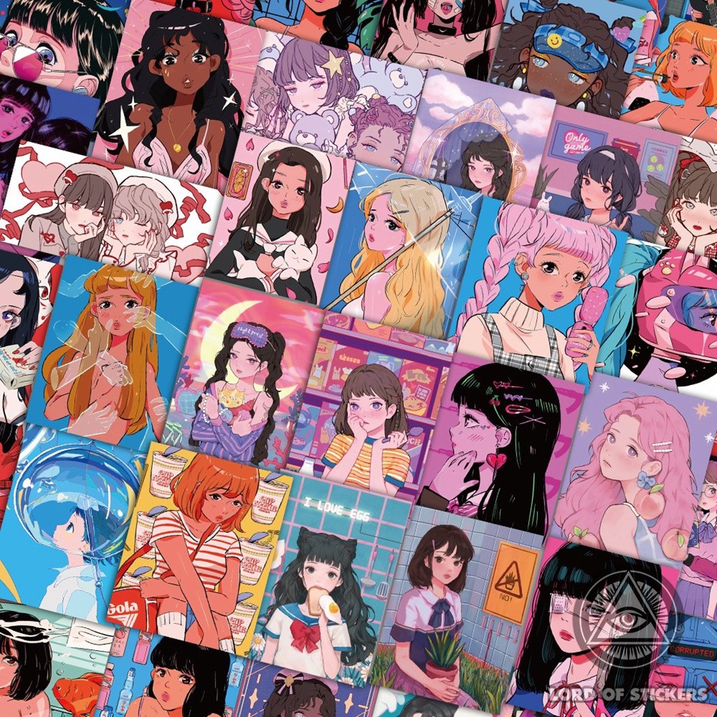 Set 50 Hình Dán Sticker Cute Anime Girl Retro Aesthetic Cô Gái Nhật Bản ...