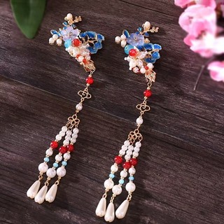 Phụ kiện Hanfu phong cách cổ điển, vương miện xanh cháy đa năng, kẹp tóc ngọc trai tua dài, kẹp tóc Jinglan 2.11 5QO7