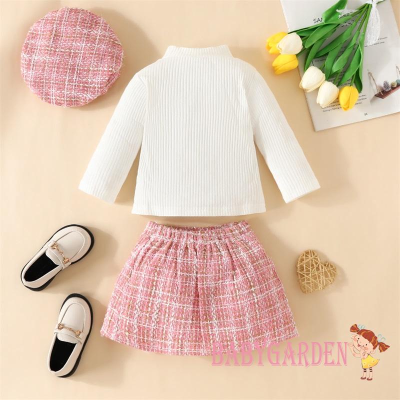 Baga-3 Bộ Trang Phục Mùa Thu Cho Bé Gái 6 Tháng-5 Tuổi Áo Dài Tay Sườn Màu Trơn + Váy Họa Tiết Tweed Kẻ Sọc + Mũ Nồi