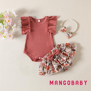 Bộ trang phục mùa hè MG-Baby Girls Bộ áo liền quần có gân tay + Culottes hoa + Băng đô