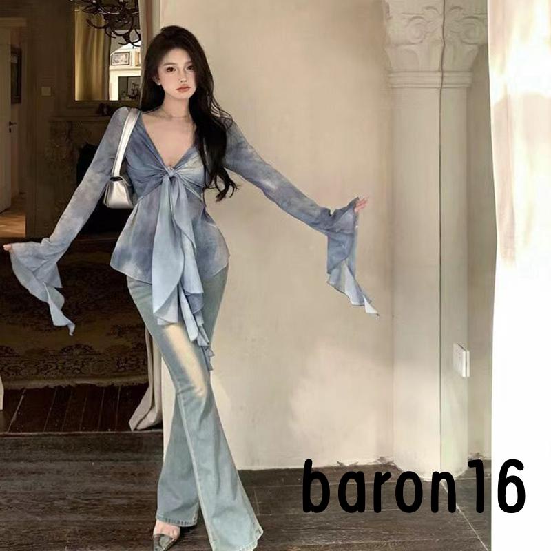 Risz Áo crop Top Tay Dài Cổ Chữ v Nhuộm Màu Thời Trang Phong Cách 90s