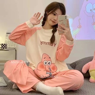 Bộ đồ ngủ giả cotton mới mùa xuân thu dành cho nữ có tay áo dài và quần dài cổ tròn hoạt hình ngọt ngào cỡ lớn Bộ đồ mặc ở nhà dành cho nữ
