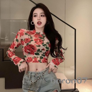 Phụ Nữ Dài Tay Crop Tops In Hoa Mock Cổ Lưới Áo Sơ Mi Mùa Xuân Thu Thường Ngày Slim Fit Áo Thun