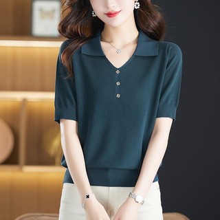 Áo Thun Tay Ngắn Cổ Chữ V Bằng Lụa Lạnh Thời Trang Mùa Hè Cho Phụ Nữ Trung Niên