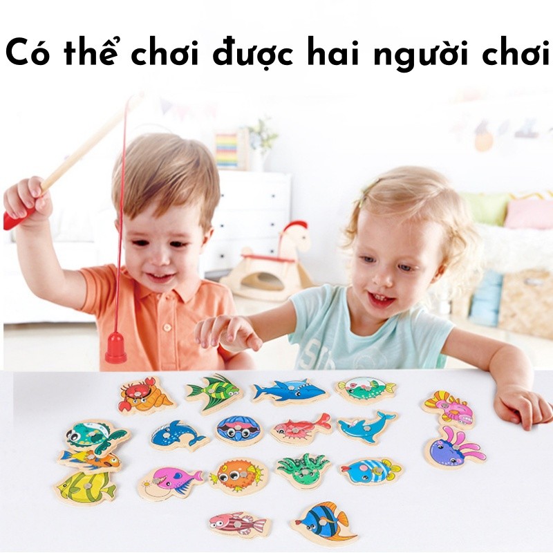 Bộ câu cá nam châm,Đồ chơi câu cá bằng gỗ,  15/31 sinh vật biển bằng gỗ, Kèm theo cần câu nam châm cho bé