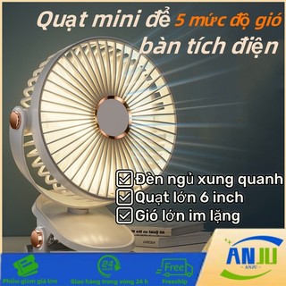 Quạt Kẹp Sạc USB 5 mức độ gió, Máy Tính Để Bàn Quạt, Sạc Type C + Có đèn, 1200 MHA Và 240 MHA