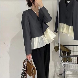 Áo Khoác Giả Hai Mảnh Dáng Rộng Cổ Chữ V Màu Sắc Tương Phản Phong Cách Pháp Thời Trang Xuân Thu Cao Cấp