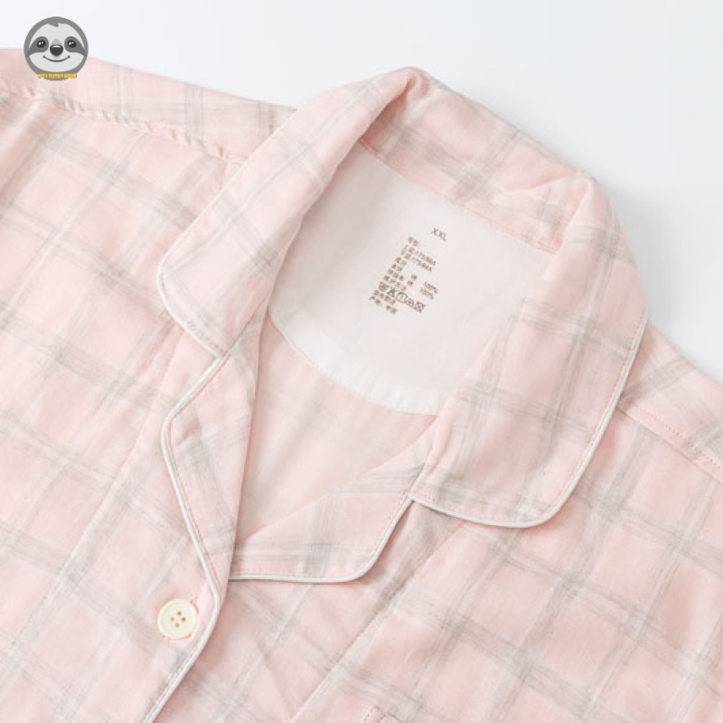 Bộ Đồ Ngủ Cotton Tay Ngắn Phong Cách Muji Nhật Bản / Quần Dài Dáng Rộng / Bộ Đồ Pajamas Kẻ Sọc Caro Hai Lớp Đơn Giản Dành Cho Cặp Đôi