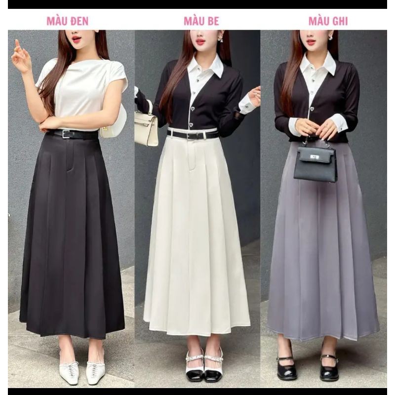 Chân váy xếp ly nữ midi cạp cao tặng kèm dây lưng dài   ( chất vải Vitex loại 1)