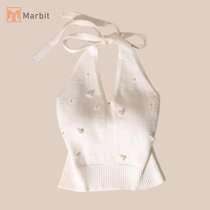 Marbit Áo vest dệt kim hở lưng đính hạt cườm kiểu Pháp Fashion dành cho nữ mới