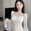 Milyfashion Hot Girl Màu Trơn Cổ Vuông Dài Tay Áo Sơ Mi Ren Nữ Thu Đông Phong Cách Mới Pure Desire Gợi Cảm Hẹp Eo Ôm Hơn Nhìn Phù Hợp Với Áo Ngắn