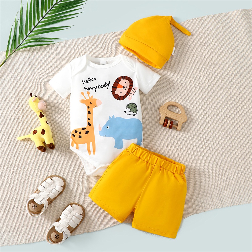 Mô tả Set Đồ Mùa Hè 3 Món Gồm Áo Liền Quần Tay Cộc In Họa Tiết Hươu Cao Cổ + Quần Ngắn + Nón In Họa Tiết Cho Bé Trai 0-2 Tuổi - 2