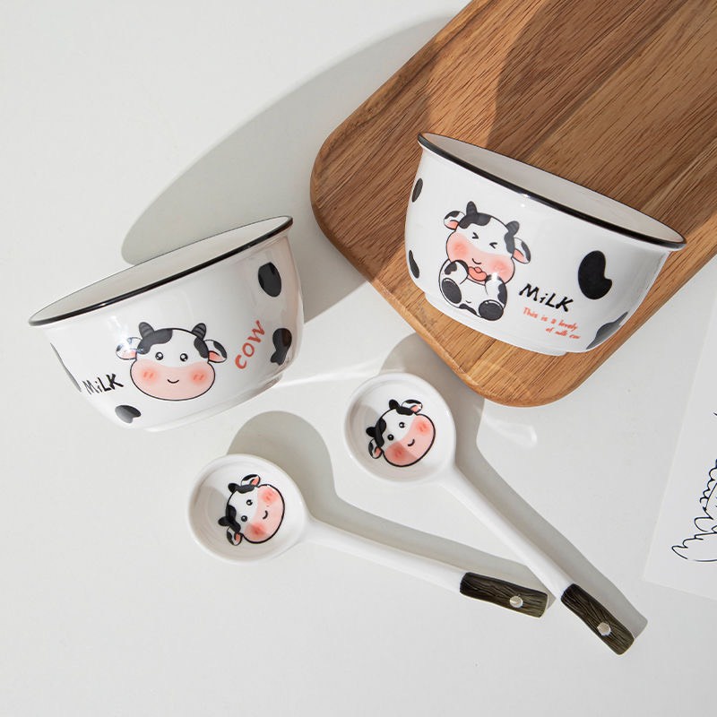 Set Bát Ăn Cơm Bằng Sứ Hình Con Bò Sữa Cute - Chén Ăn Cơm Ngon Miệng Cho Bé Hoạt Hình Dễ Thương Kèm Thìa