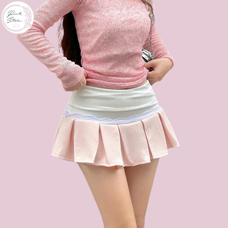 Chân Váy Ngắn Xếp Ly  Kiểu Lưng Gập Phối Viền Ren C986