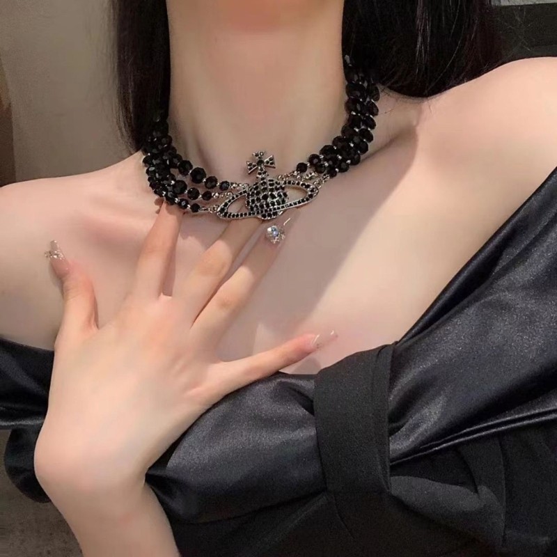 Vòng cổ ba lớp mặt dây chuyền hành tinh pha lê màu đen - Thiết kế tinh tế và quyến rũ