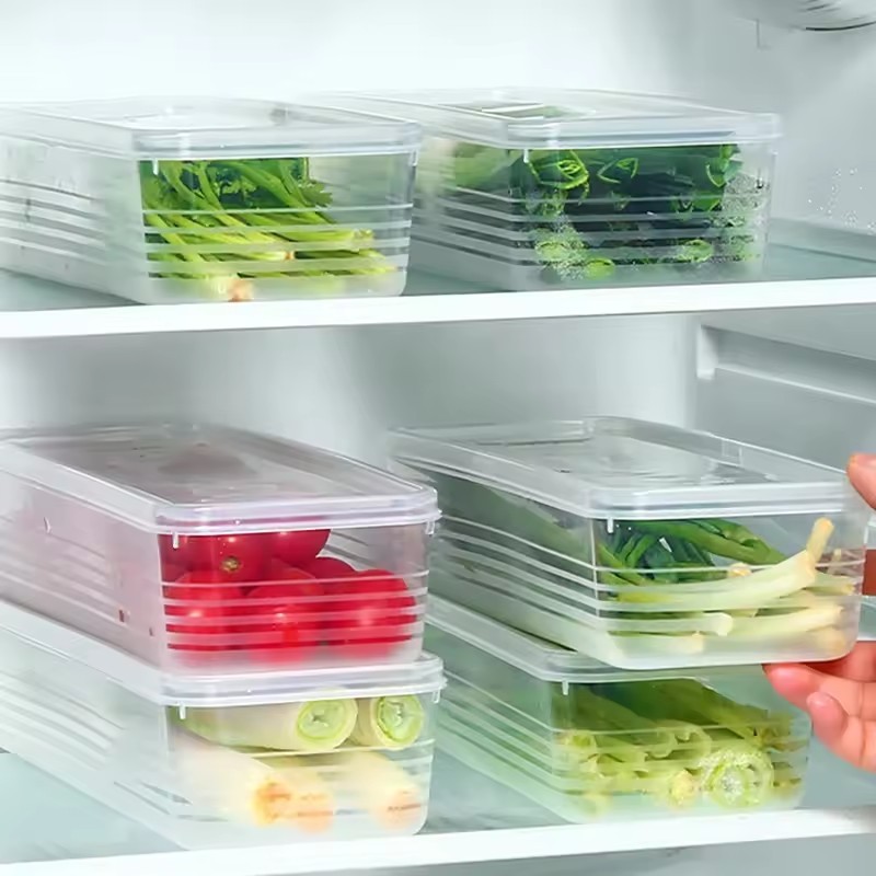 1 / 2 / 4 Hộp Bảo Quản Thực Phẩm Tươi Dài Dải - Dụng Cụ Sắp Xếp Tủ Lạnh Nhà Bếp - Hộp Đựng Rau Củ - Có Thể Xếp Chồng, Trong Suốt, Kín