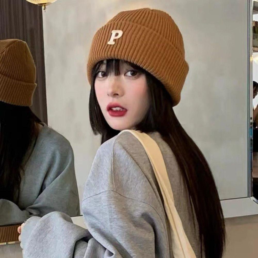 Mũ đan BRBRAA, Chữ P Sợi len Lông cừu Mũ dệt kim ấm áp, Thời trang mùa đông ấm áp Vòng bít đan len nam