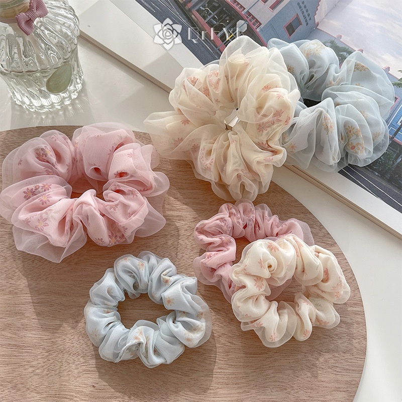 Qr Dây Buộc Tóc Hai Lớp Bằng Lụa organza Đính Hoa Xinh Xắn Cho Nữ Mới