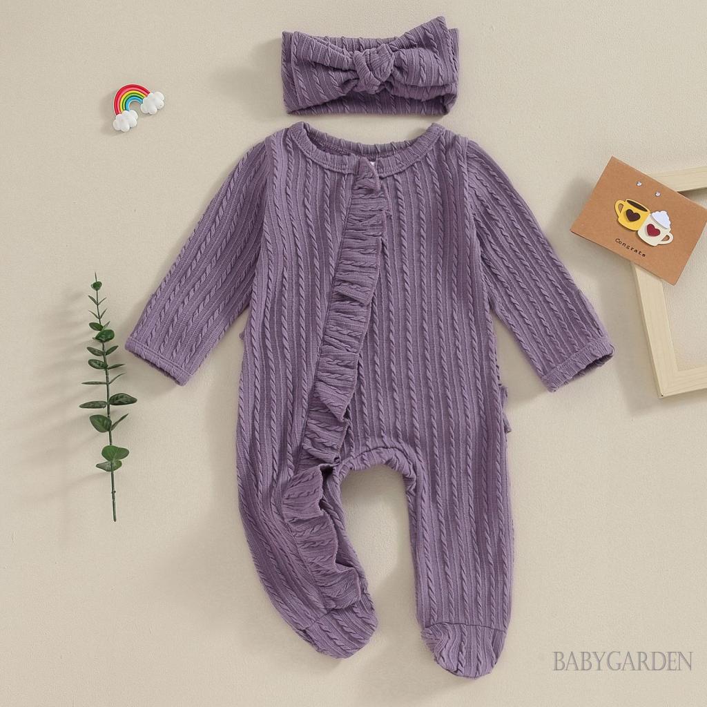 Bộ Áo Liền Quần Tay Dài Cổ Thuyền Màu Trơn Kèm Băng Đô Cài Tóc Thời Trang Cho Bé Gái Sơ Sinh